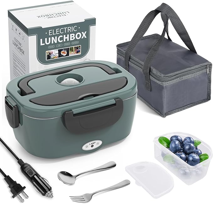 Herrfilk Electric Lunch Box Food Heater, 3 in 1 Ultra Quick Heated Lunch Boxes for Adults, 12V/24V/110V Portable Food Warmer for Car/Truck/Office With Fork Spoon and Insulated Carry Bag