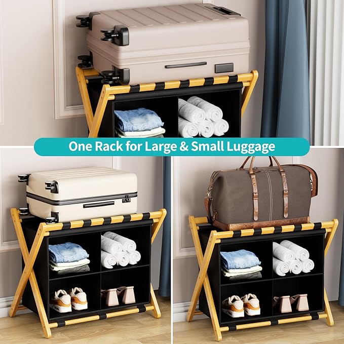 Folding Luggage Rack, 2-Pack Natural Bamboo Suitcase Stands with 4 Storage Compartments , Sturdy Luggage Holders for Guest Room, Bedroom, Hotel