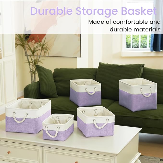 Storage Baskets for Shelves 13.8x9.8x6.7 Inch-Foldable Fabric Organizing Storage Bins with Handles, Closet & Bathroom Organizer, Home Storage for Kitchen, Office (6-Pack, White&Purple)