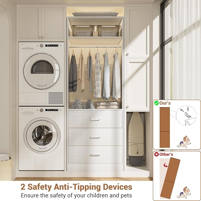 Besiost Closet System Set of 4, 8FT Closet Systems with 12 Wood Drawers, 96" Closet Organizer System with 4 Hanging Rods & 4 Shelves, Heavy Duty 96 Inch Walk-in Closet, White (96"L x 15" W x 80" H)