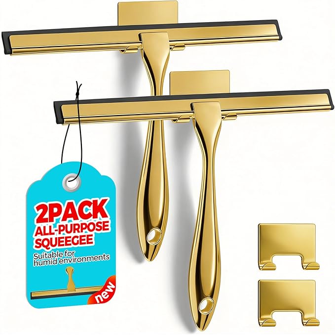 2PACK 9.5-Inch Golden All-Purpose Shower Squeegee for Shower Doors, Bath Linen Sets, Tile Shower Walls, Bathroom, Window, Glass and Car Windshield, Mirrors and Kitchen-Stainless Steel