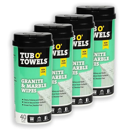 Tub O' Towels Granite & Marble Cleaning Wipes, 7" X 8", 40-Count Wipes, 4-Pack