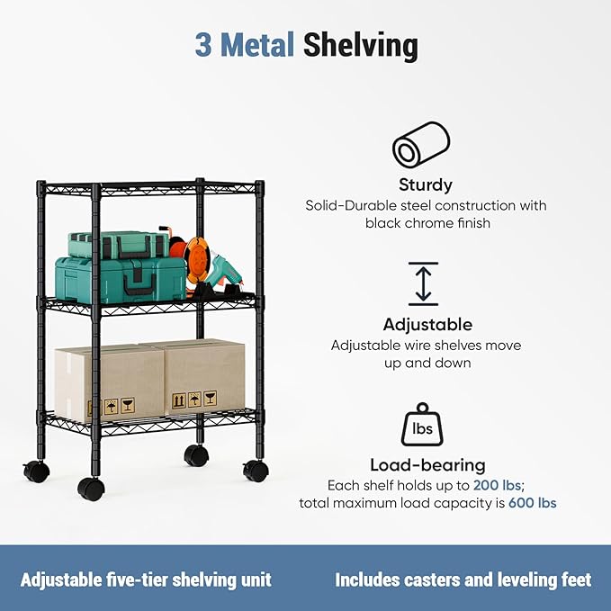 DUMOS Industrial 3 Level Grid Storage Rack ，Mobile Metallic Shelving System with Lockable Wheels， Multi-Purpose Cabinet for Workshop, Culinary Space, Storeroom, Washroom & Restroom Black