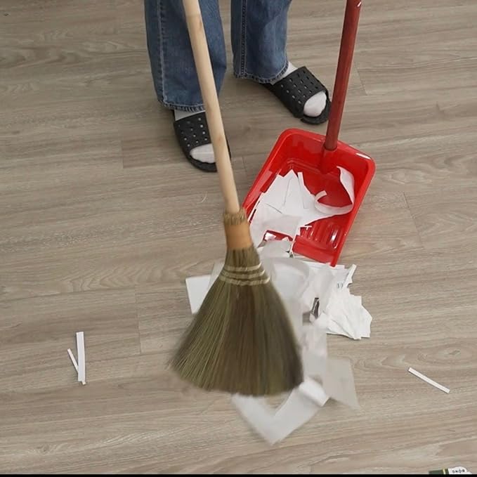 TTS Home Broom and Dustpan Set with 44.9'' Long Handle for Family, Kitchen, Office, and Lobby – 4-Pack Stand-Up Brooms with Dustpan Combo