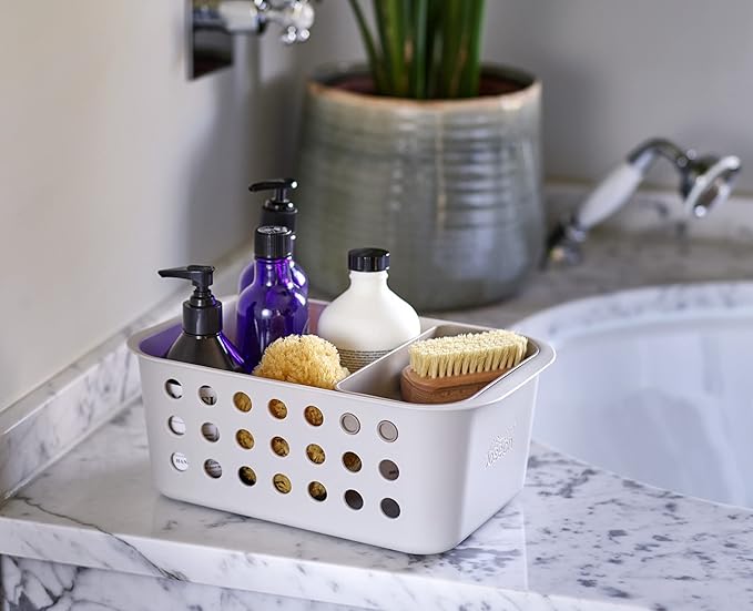 Joseph Joseph EasyStore - Bathroom essentials Storage Basket Organiser with Moveable tray, Ecru, Small (Pack of 2)
