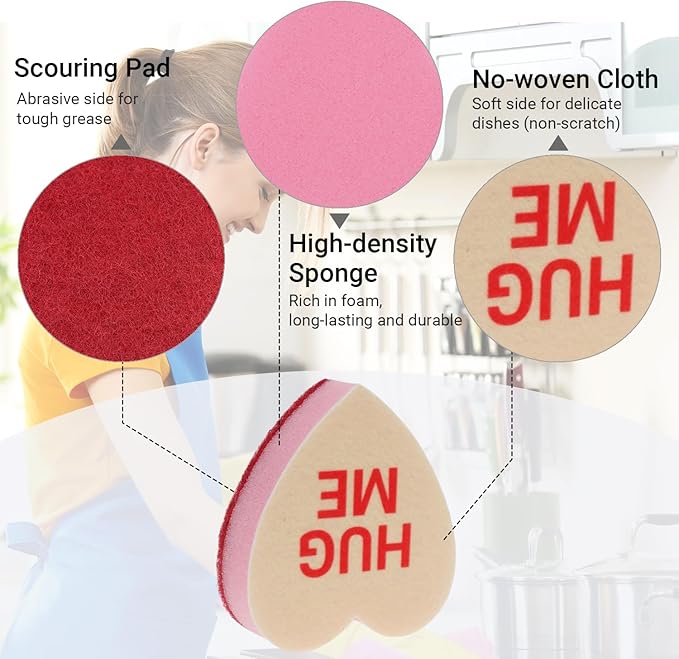 Heart Shaped Sponge with Words, Dual-Sided Kitchen Scrubber for Washing Dishes, Pots, Pans and General Household Cleaning, ‌Multicolour (6 Pack)