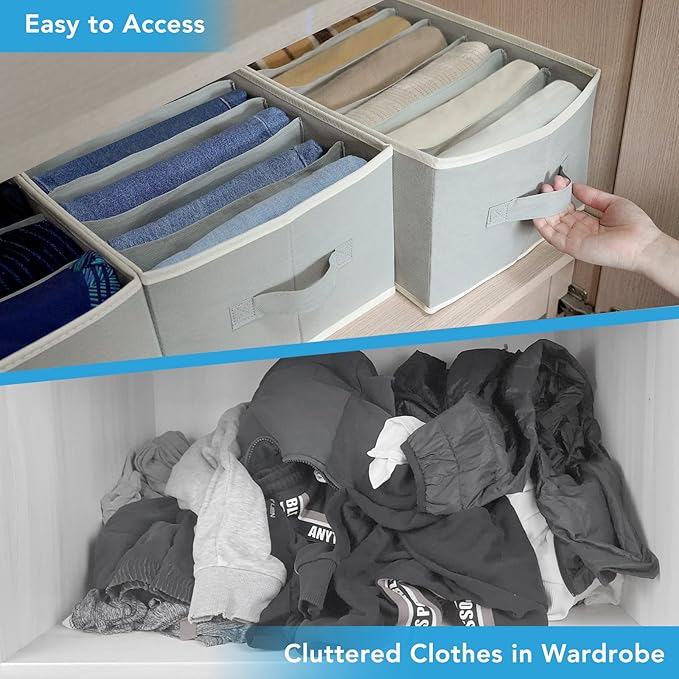 3 Pcs Large Size Wardrobe Clothes Organizers 6 Grids for Pants, Jeans, Sweater, T-shirt, Thin Coat, Dress Stackable Closet Drawer Organizer Storage Bin Container with Sturdy Handles, Grey