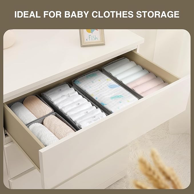 DIMJ Drawer Organizer Clothes Set of 8, Foldable Closet Drawer Organizer, Underwear Drawer Box, Fabric Drawer Dividers for Baby Clothes, Socks, Belt, Tie (Grey)