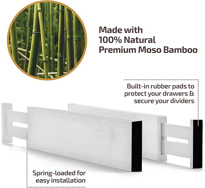 4 Pack Drawer Divider - 2.6" High, 16" to 22" Adjustable Bamboo Drawer Organizers for Clothes, Expandable Dresser Separators in Bedroom/Bathroom/Kitchen/Office Organization and Storage (White)