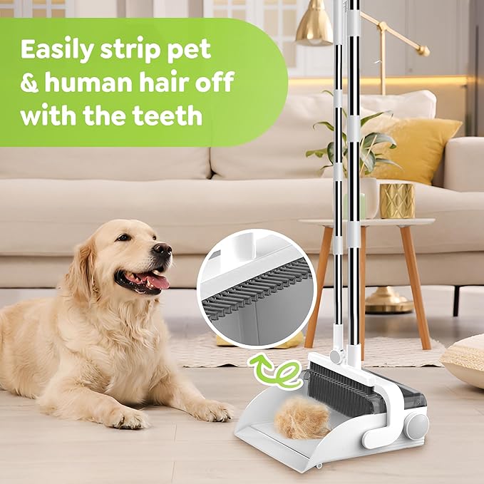 DustDockPro: Broom and Dustpan Set with Trashcan - Long Handle Upright Dust Pan with Teeth Comb, Angled Bristles for Pet Hair Removal, Compact Cleaning Kit for Kitchen Home Tiles Hard Floors