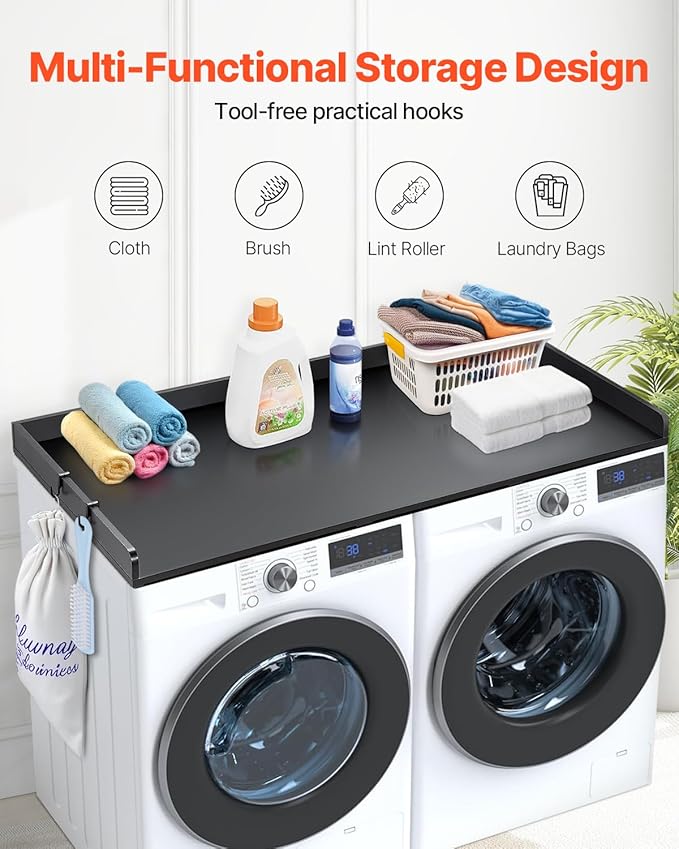 VEVOR Washer Dryer Countertop, 54" x 27" Wooden Washer and Dryer Countertop, Water-Resistant Laundry Machine Topper Cover with Anti-Slip Pads, for Laundry Room Organization and Storage, Black