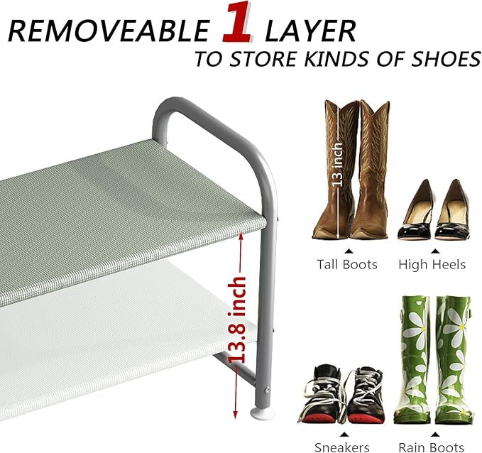 INGIORDAR Shoe Rack 2 Tier Long Storage Organizer Wide Metal Shoe Shelf for Closet Entryway Grey