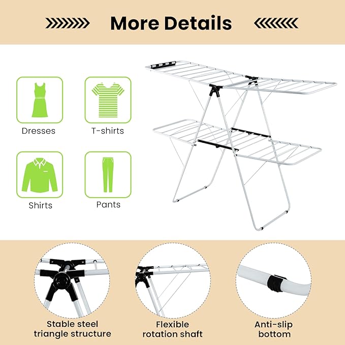 COSTWAY Clothes Drying Rack, Foldable 2 Tier Clothing Rack with Height-Adjustable Wings, 33 Drying Rails & Sock Clips, Portable Space Saving Laundry Drying Rack for Apartment, RV, Indoor & Outdoor Use