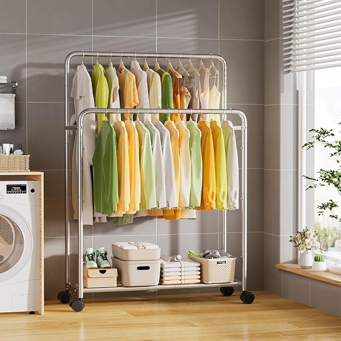 Simple Trending Clothing Clothes Rack Double Rods with Wheels, Rolling Metal Garment Rack for Hanging, Silver