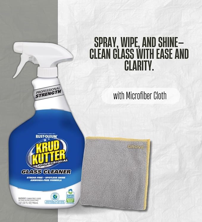 Krud Kutter Professional No Scent Glass Cleaner 32 oz Liquid Bundle with Microfiber Cloth – Streak-Free Window and Mirror Cleaner for Home, Auto, and Office Use – Gift Set (2 Items)
