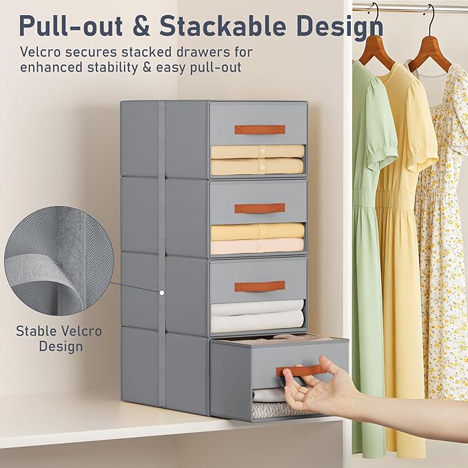 DIMJ Closet Organizers and Storage - Fabric Storage Bins with Drawers for Closet Clothes Organizers with Clear Window, Stackable Storage Drawers Units for Bedroom, Living Room, 4 Pack, Grey