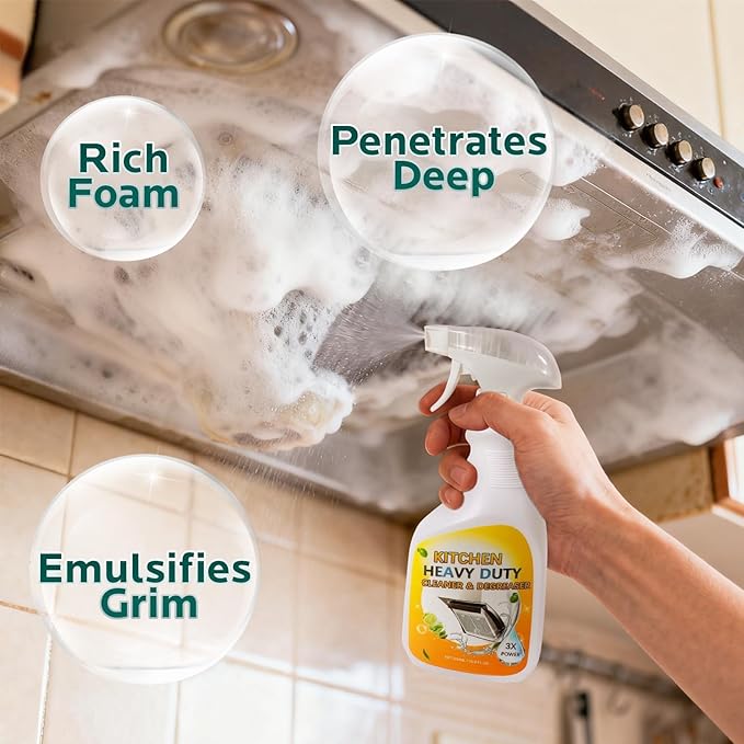 Clean Up Kitchen Oil Stains Spray, Heavy Duty Kitchen Cleaner for Tough Grease - Foaming Degreaser Spray for Stovetops, Ovens & Appliances, No-Scratch Formula, Multi-Surface Use (16.9 Fl Oz)
