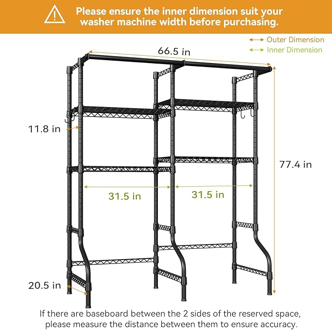 ULIFHOME U14 Over Washer and Dryer Storage Shelves, 4 Tiers Laundry Room Storage and Organizer System, Space Saving Clothes Drying Rack with 2 Clothes Hanger Rods, 66.5" W x 20.5" D x 77.4" H, Black