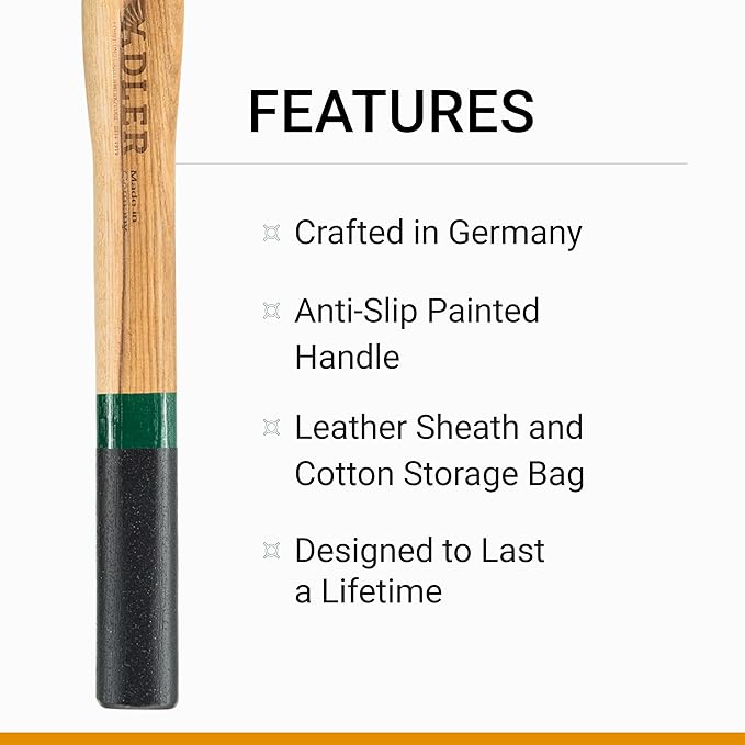 Adler Rheinland Throwing Hatchet - World Axe Throwing League Compliant (1.95lbs, 15.75" Hickory Handle) - German-Made Throwing Axe with Sheath (Green Stripe)