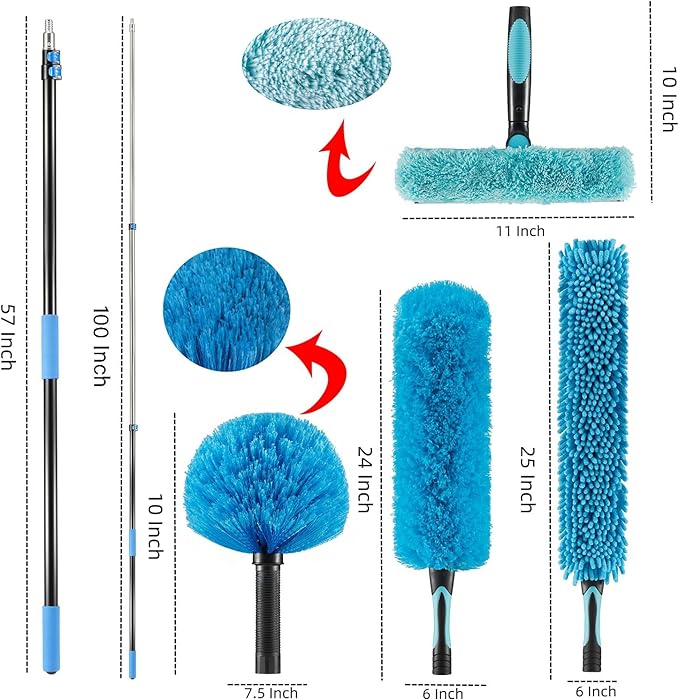 15 Foot High Ceiling Fan Duster with 5-8ft Extension Pole, Extendable Reusable Cobweb, Feather, Window Cleaning Squeegee Kit