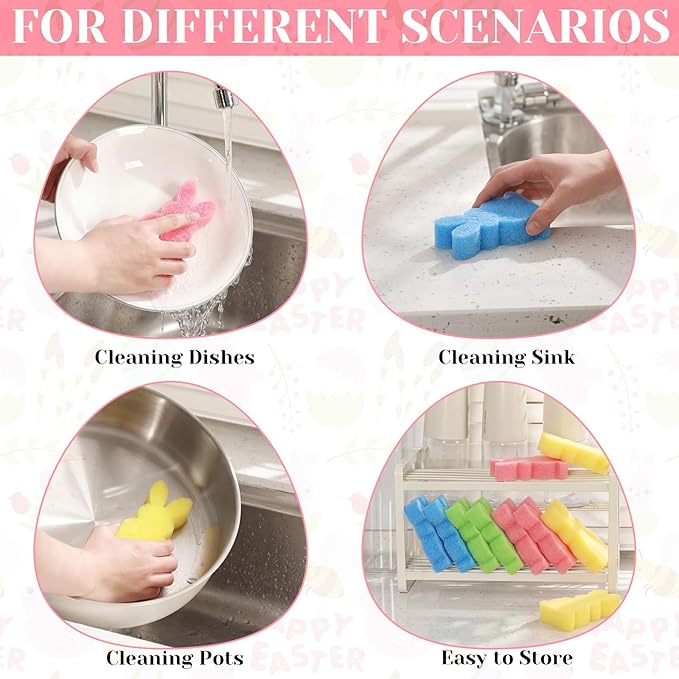 Tioncy 12 Pack Kitchen Sponges Bulk Dual Sided Scrubber Sponges Dishwashing Kitchen Cleaning Accessories for Household Supplies(Cute Easter Bunny,Pink, Green,Blue, Yellow)