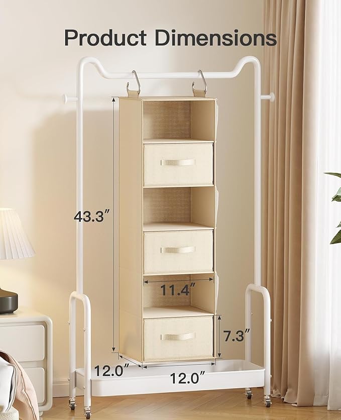 Pipishell 6-Shelf Hanging Closet Organizer, with 3 Detachable Drawers & Side Pockets, Closet Organizers and Storage for Bedroom, Garment Rack and Wardrobe Organization, Dorm Clothes Organizer, Beige