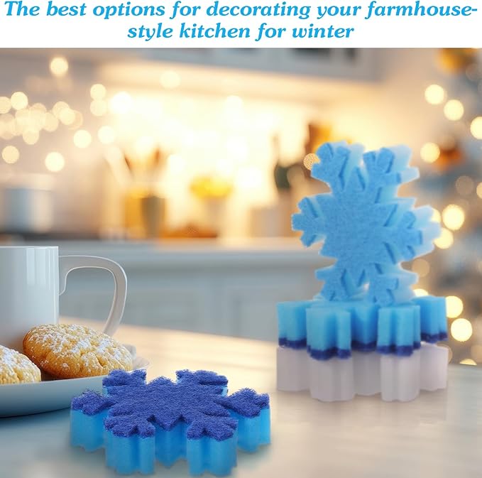 Tioncy 12 Pack Christmas Snowflake Sponges Bulk White Blue Dual Sided Scrubber Christmas Kitchen Sponges Dishwashing Non Scratch for Kitchen Accessories Dish Scouring