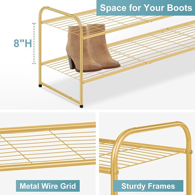 AOODA Long 2 Tier Shoe Rack for Closet Metal Wide Stackable Shoe Storage Organizer for Entryway, Bedroom, Floor, 18-Pairs Low Sneaker Shelf, Golden
