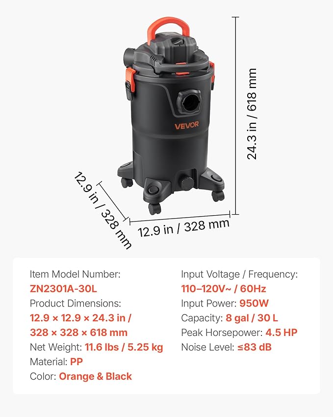VEVOR 3-in-1 Shop Vac, 8 Gallon Wet Dry Shop Vacuum, 4.5 Peak HP Portable Vacuum Cleaner with Blower, Dual-Filter, 950W Input Power, 1.25in x 7ft Hose, 9.8ft Cord for Jobsite, Workshop, Garage, Home