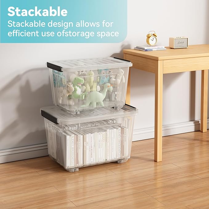 Nazhura 97 Quart Plastic Storage Bin, Stackable and Nestable Storage Boxes with Lids and Secure Latching Buckles, Large Storage Container (Clear, 97Quart-4Pack)