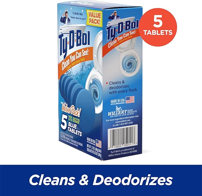 Ty-D-Bol Blue Tablets Value 5 Pack, Cleans and Deodorizer Toilets for a Fresh Smelling Bathroom