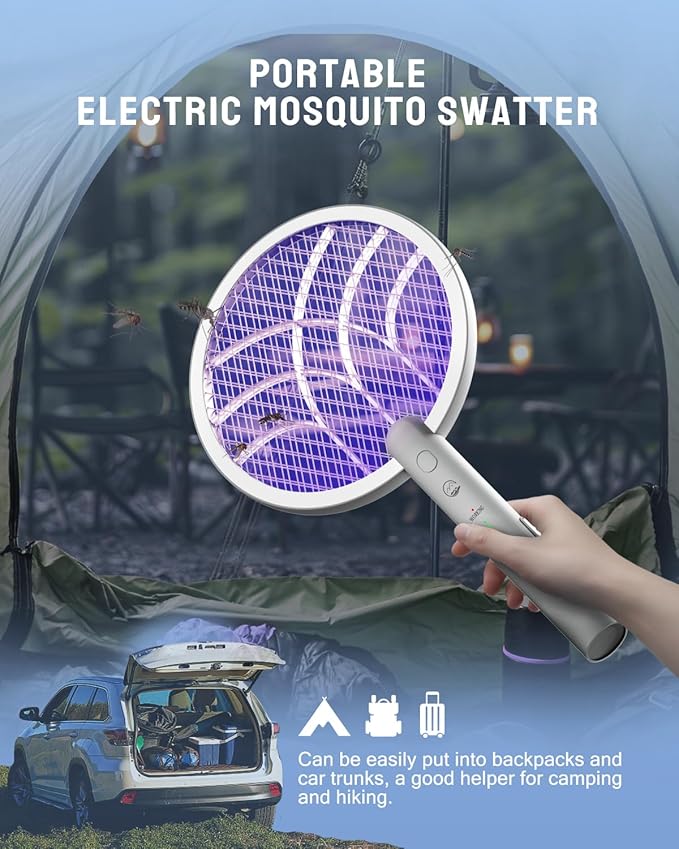 Electric Fly Swatter Racket, Mosiller 2 in 1 Bug Zapper with Type-C Rechargeable Base, 4000V Mosquito Killer with 3-Layer Safety Mesh for Pest Insect Control for Indoor、Office、Camping(Grey-1 Pack)