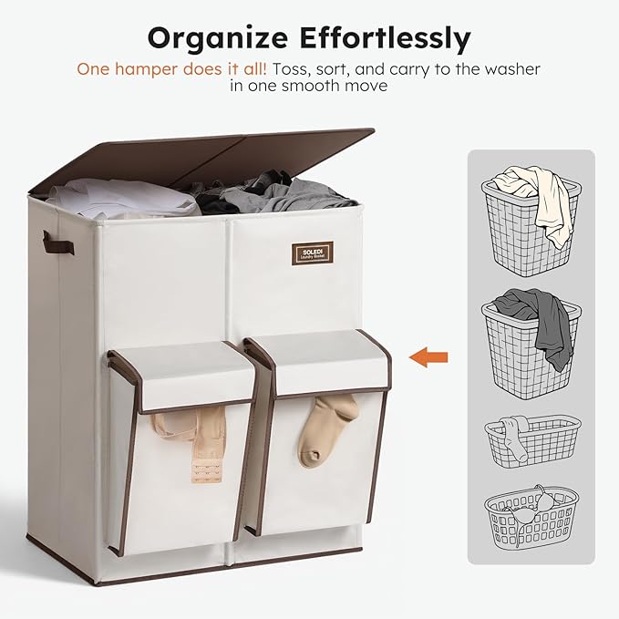 SOLEDI Double Laundry Hamper with Lid, 47.8 Gal (180L) Large Laundr Basket 2 Section with 2 Side Pockets, Dirty Clothes Hamper with Removable Bag, Easy to Carry for Laundry Room, Bedroom, Beige