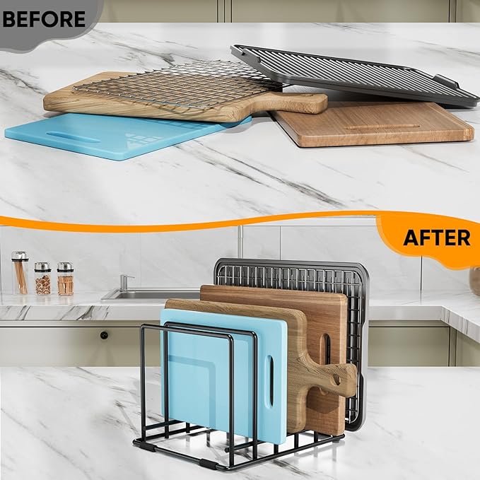 AKSONMN Baking Sheet Organizer Rack – 5-Slot Bakeware & Cookie Tray Holder for Kitchen Cabinet or Countertop, Stainless Steel Cutting Board Rack with Rust-Resistant Frame & Anti-Slip Feet