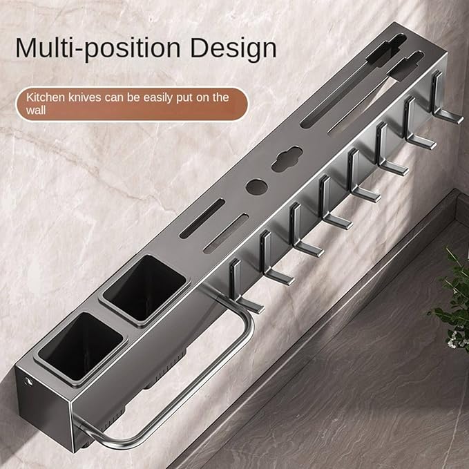 New Multi-Functional Kitchen Rack Home Wall-Mounted Knives Chopstick and Spoon Storage Rack Punch-Free cookware draining Rack