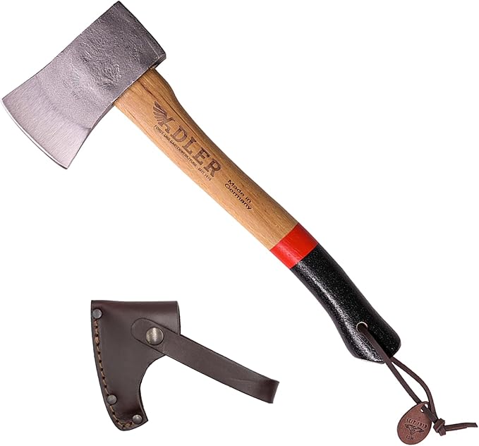 Adler Yankee Hatchet - German made with a 15 inch handle coated in anti-slip black grip paint - 1.5 pound head weight. Spanish leather sheath and cotton storage bag included