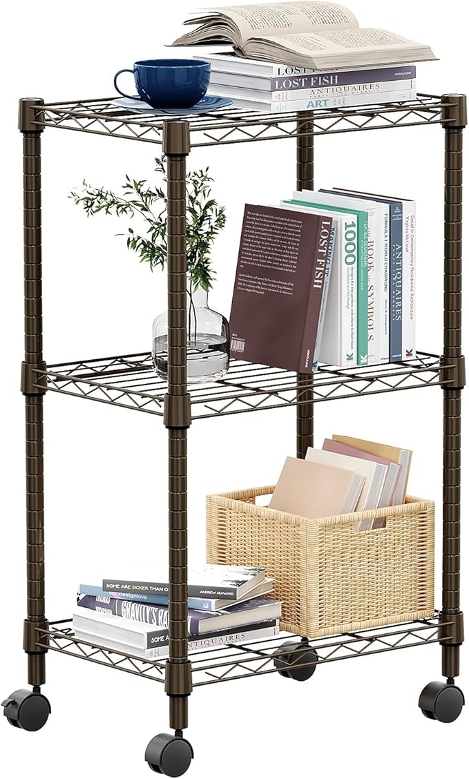 M MZG 3 Tier Shelf Metal Storage Shelves Wire Rack Closet Organizers with Wheel for Garage Kitchen Bathroom Laundry Brown 11.8" D x 17.7" W x 29.8" H