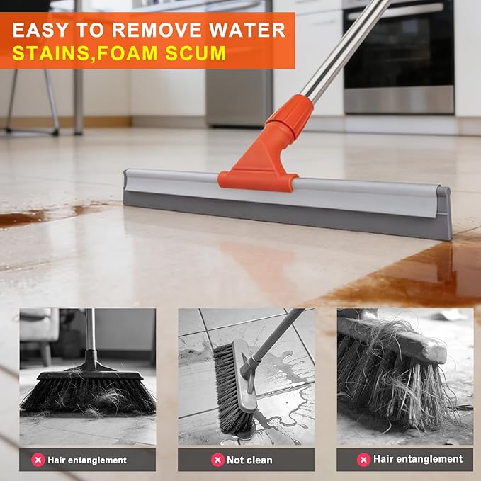 BITOPE Floor Squeegee for Cleaning, 17.3" Heavy-Duty Squeegee for Floor, Silicone Scrubber Broom with 5 Ft Stainsless Steel Long Handle for Bathroom, Glass Windows, Tile, Garage, Deck