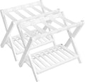 SONGMICS Solid Wood Luggage Racks, Set of 2, No Assembly Required, Foldable Suitcase Stand, Luggage Holder, with Storage Shelf, for Guest Room, Hotel, Bedroom, Cloud White URLR021W01