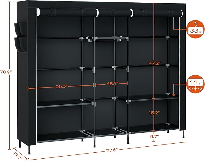 CASAMAYA Portable Closet, 77.6 Inch Extra Large Capacity Wardrobe Closet with Cover, Clothes Storage Organizer with Shelves and 3 Hanging Rods, Easy to Assembly, Black PCT223B01
