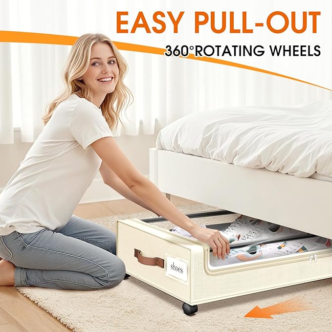 SpaceHacks Under Bed Storage with Wheels 3Pack Underbed Storage with Clear Window&Label Under Bed Drawers Large Capacity Rolling Under Bed Storage for Clothes,Shoes, Blankets (Beige)