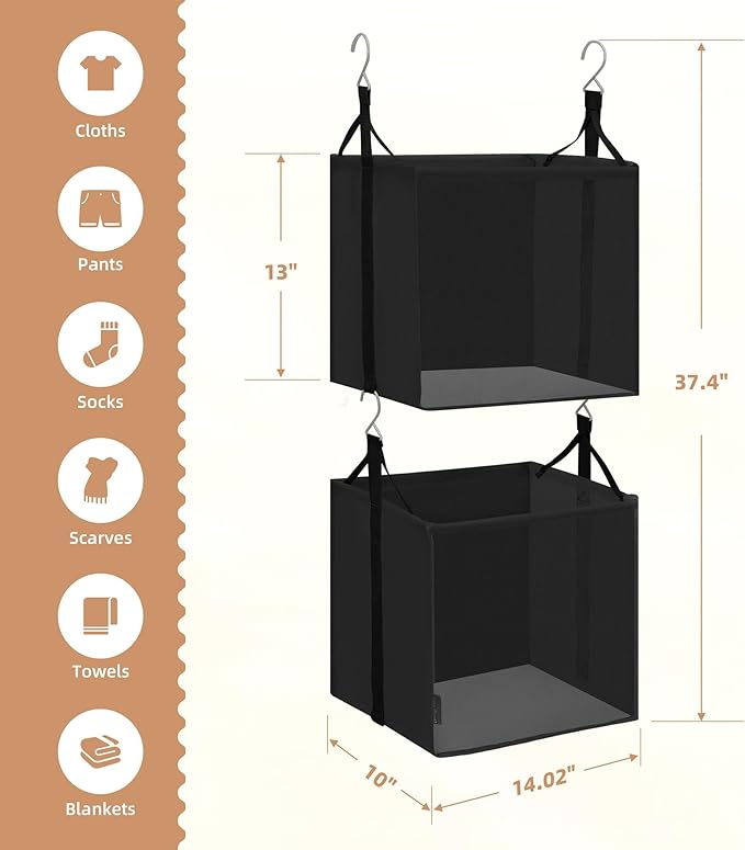STORAGE MANIAC 2-Shelf Hanging Closet Organizer, Cloth Hanging Closet Shelf, Hanging Closets Baskets with Hooks for Dorm, Apt, Bedroom, College, Garment Rack, Wardrobe, Fabric with Mesh, Black
