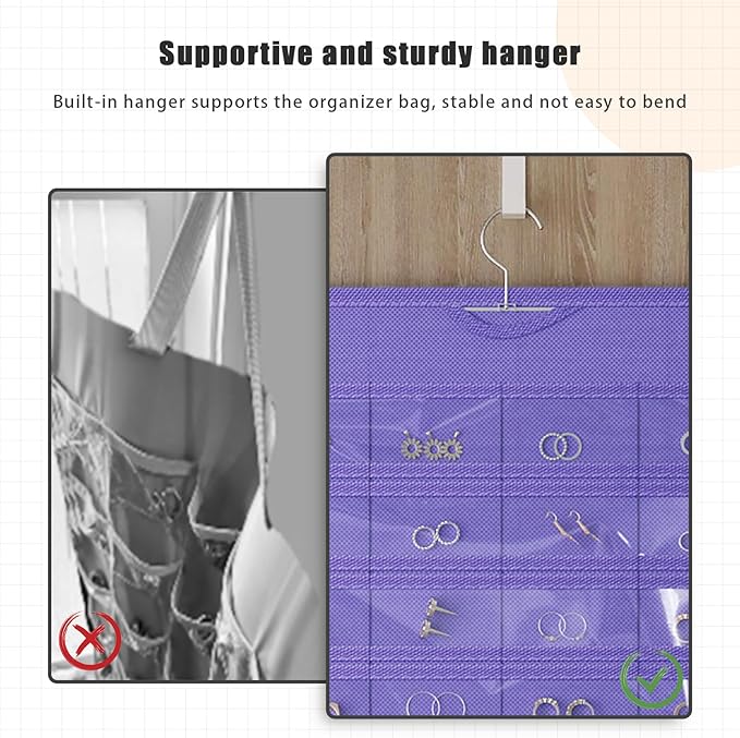 1 Pack Hanging Jewelry Organizer 80-Pocket Dual-sided Jewelry Storage for Earring Necklace Bracelet Ring Travel Holder, Purple