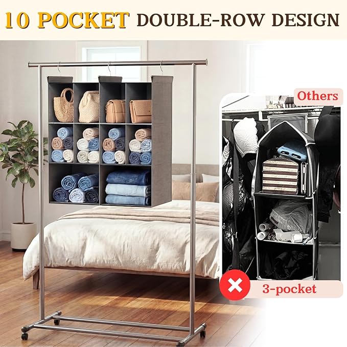 Ofiray-home 3 Tier Hanging Closet Organizer, 10 Compartments Sweater Organizer for Closet with 3 Sturdy Hooks, Closet Organizers and Storage, Wardrobe, Rv, Garment Rack, Grey