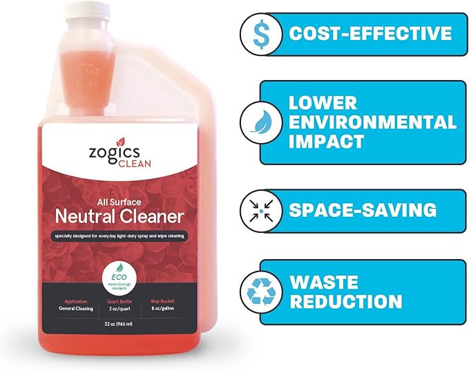 Zogics All Surface Neutral Cleaner – Floor Cleaner Solution with a Low Toxicity Formula and Neutral pH for All Surfaces, Each Bottle Makes up to 16 Gallons