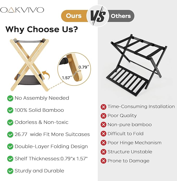 oakvivo Fully Assembled Luggage Racks Pack of 2, Bamboo Natural Foldable Luggage Rack for Guest Room, Suitcase Stand with Fabric Storage Shelf for Hotel, 5 Nylon Straps, 26.77" W x 16.93" D x 22.5" H