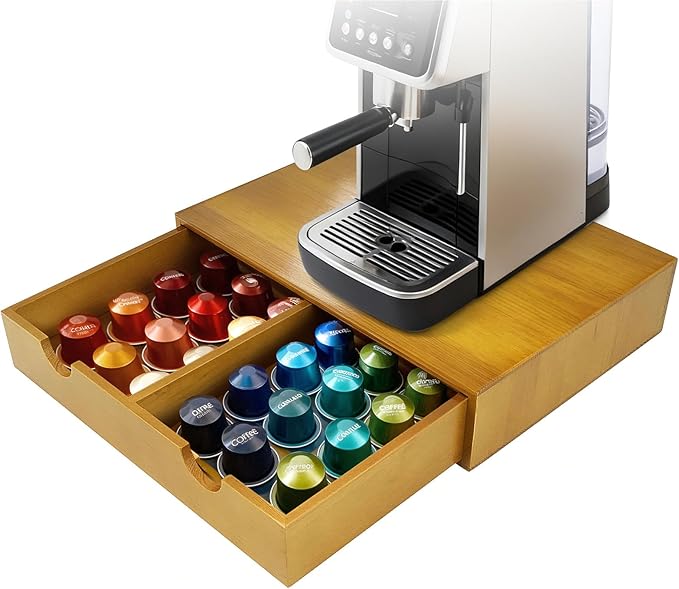 Coffee Pod 15" X 11" X 3" Natural Wood Countertop Organizer Drawer, Counter Top Espresso Tea Bag Station Storage Holder Box, Brown