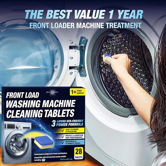 Washing Machine Cleaner Descaler 28 Pack - Designed for Front Loader Washer - Deep Cleaning Tablets For HE, Septic Safe Eco-Friendly Deodorizer, Clean Inside Drum & Laundry Tub Seal - 14 Month Supply