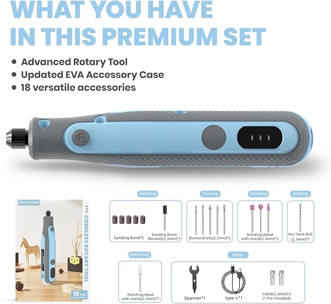 Rotary Tool Kit, Cordless Rotary Tool, Mini Rotary Tool, 4V, Variable Speed, with Upgraded Accessories, for Carving, Engraving, Sanding, Polishing, Cutting, DIY Crafts and Pet Nails, Blue