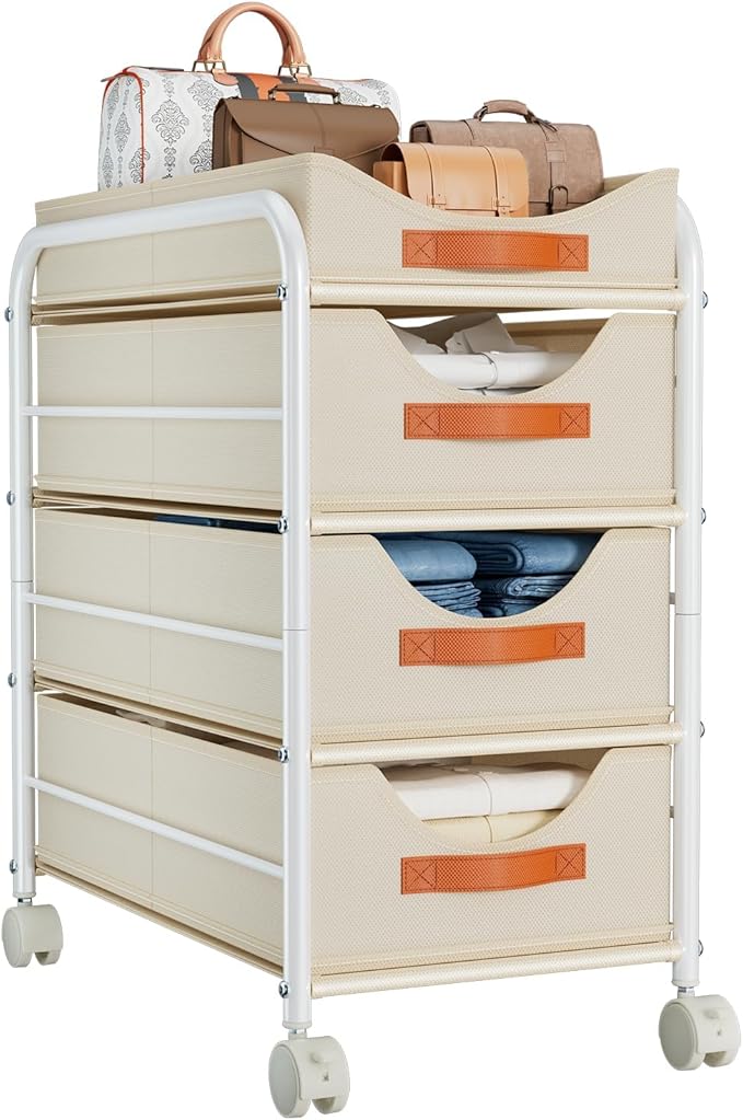 DIMJ Closet Organizers and Storage 4 Tier - Fabric Clothes Drawer Storage Bins, Stackable Rolling Storage Cart with Wheel, Small Dresser for Closet Bedroom Nursery Office